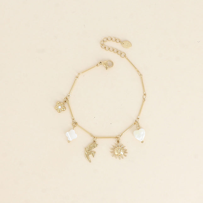 Meliora Bracelet - mother-of-pearl sun, bird, clover and heart, flower