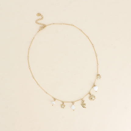 Collier Meliora - soleil, oiseau, trèfle et coeur nacrés, fleur