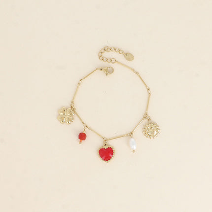 Bracelet - éclipse, coeur en émail, trèfle, perles et perle d'eau douce