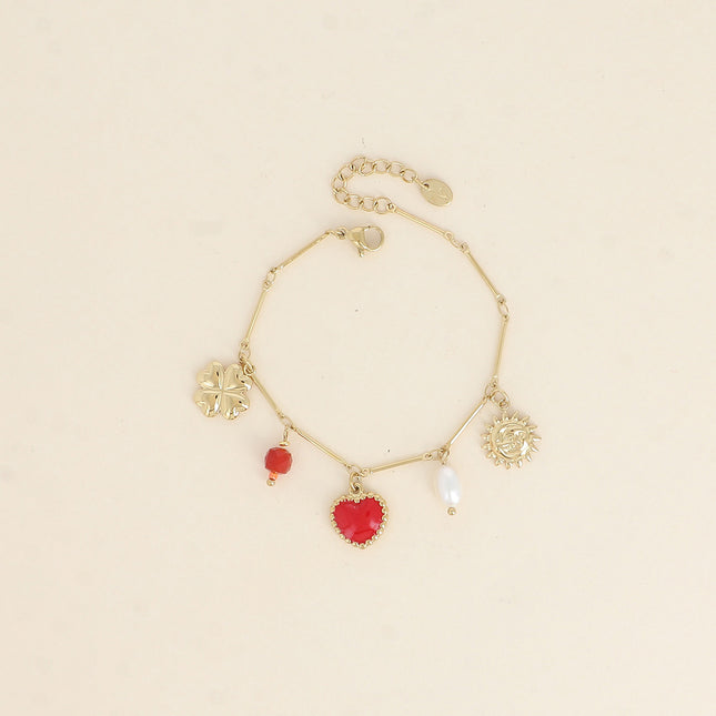 Bracelet - éclipse, coeur en émail, trèfle, perles et perle d'eau douce