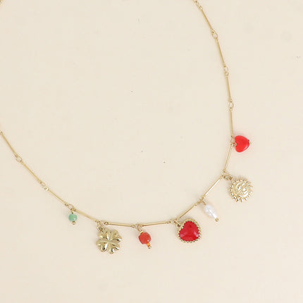 Collier - éclipse, coeur en émail, trèfle, perles et perle d'eau douce