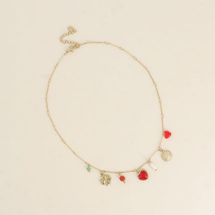 Collier - éclipse, coeur en émail, trèfle, perles et perle d'eau douce