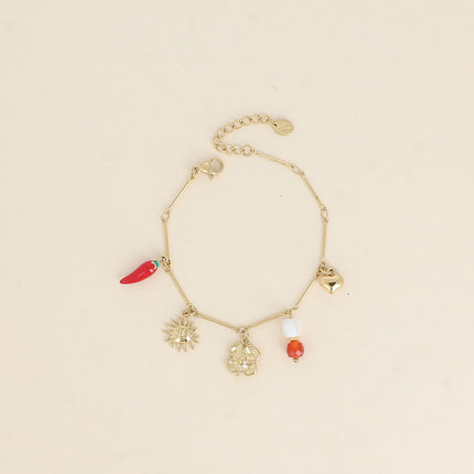 Bracelet - soleil, piment en émail, trèfle, perles et coeur