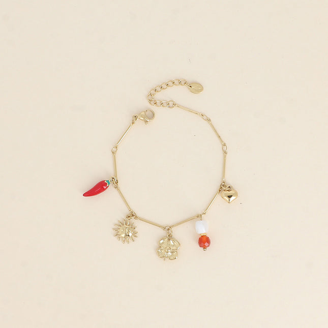 Bracelet - soleil, piment en émail, trèfle, perles et coeur