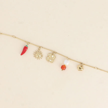Bracelet - soleil, piment en émail, trèfle, perles et coeur