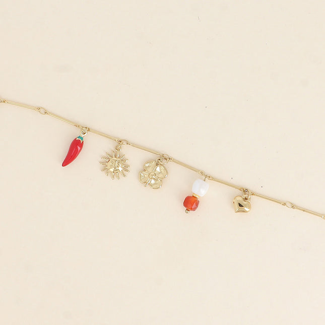 Bracelet - soleil, piment en émail, trèfle, perles et coeur