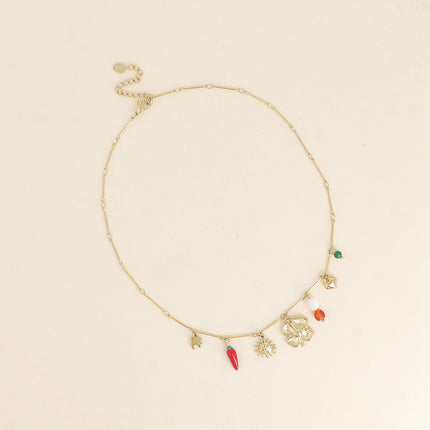 Collier - soleil, piment en émail, trèfle, perles et coeur