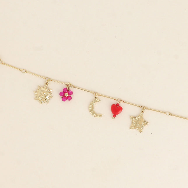 Bracelet - soleil, lune, étoile, coeur et fleur