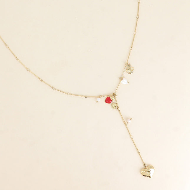 Y-shaped necklace - heart-shaped tassels, mother-of-pearl and freshwater pearls