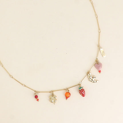 Collier - perles, trèfle, fraise en émail, oiseau