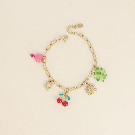 Bracelet Azura - trèfles, soleil, cerise en émail, perle coeur