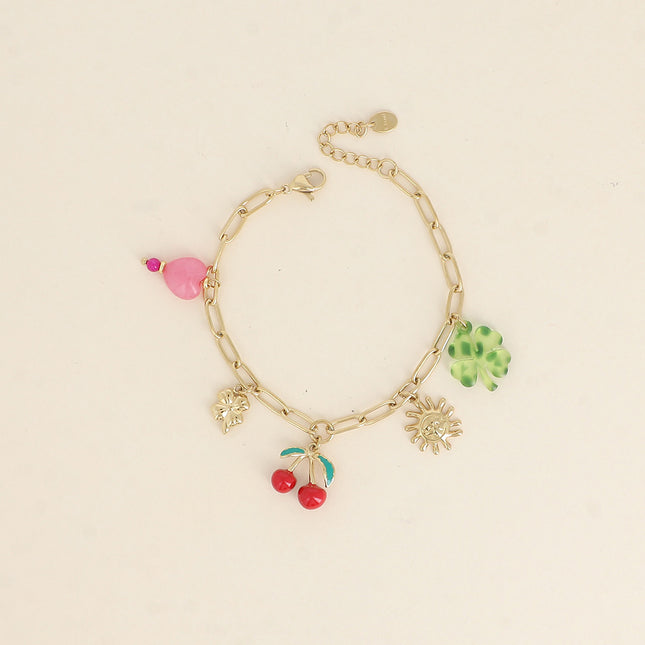 Bracelet Azura - trèfles, soleil, cerise en émail, perle coeur