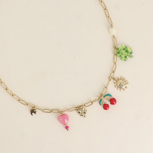 Collier Azura - trèfles, soleil, cerise en émail, perle coeur