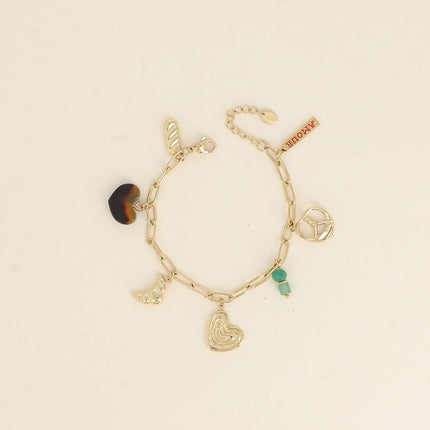 Bracelet - coeurs, plaquette AMOUR en émail, croissant, bretzel et perles