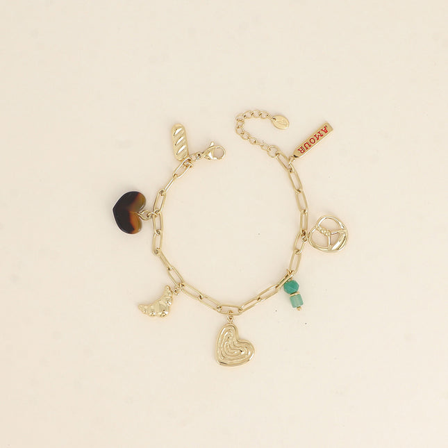 Bracelet - hearts, enamel LOVE plaque, crescent, pretzel and beads