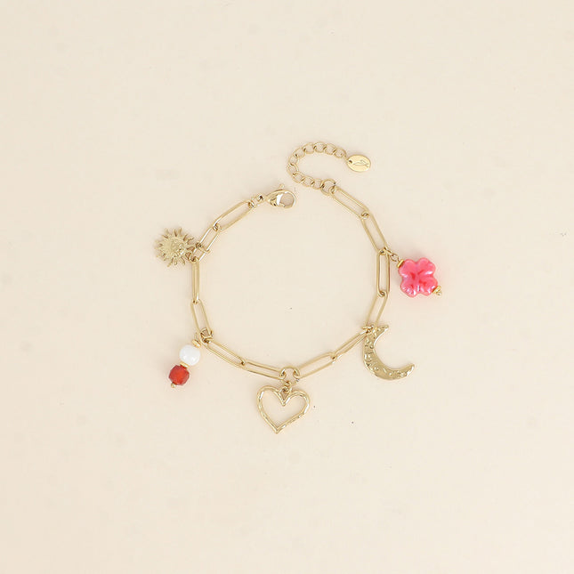 Bracelet - soleil, coeur, lune, perles et trèfle