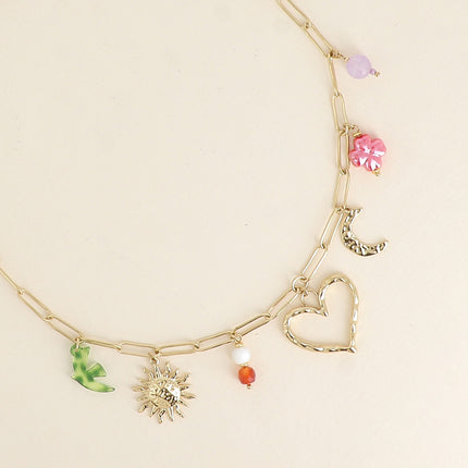 Collier - soleil, coeur, lune, perles et trèfle