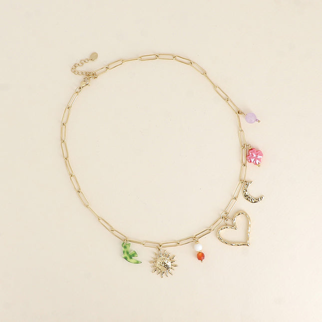 Necklace - sun, heart, moon, pearls and clover