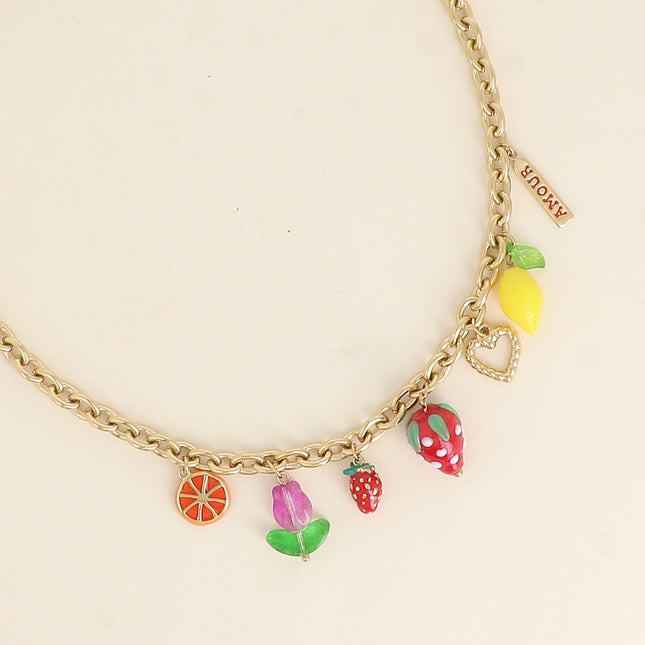 Collier - breloques de fruits (citron, fraises, orange, fleur)