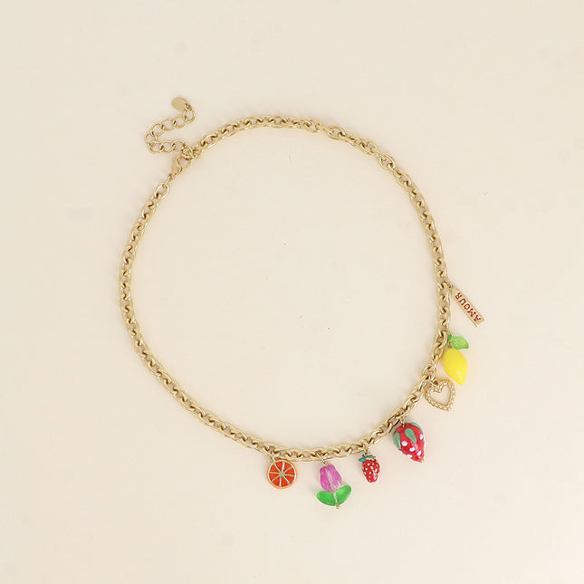 Collier - breloques de fruits (citron, fraises, orange, fleur)