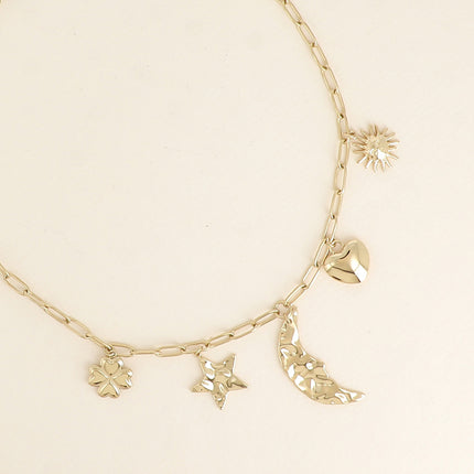Collier - soleil, coeur, lune, étoile et trèfle