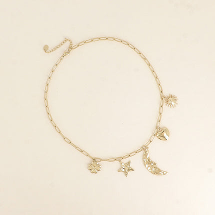 Collier - soleil, coeur, lune, étoile et trèfle