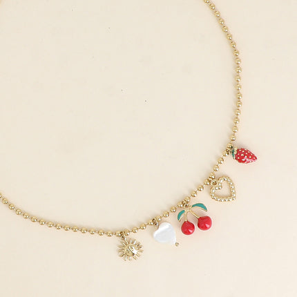 Collier - soleil, coeurs, cerise et fraise en émail