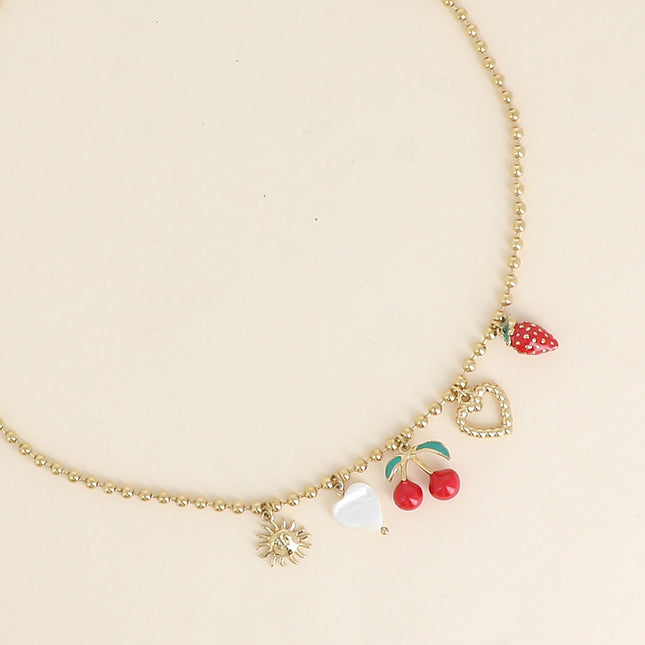 Collier - soleil, coeurs, cerise et fraise en émail