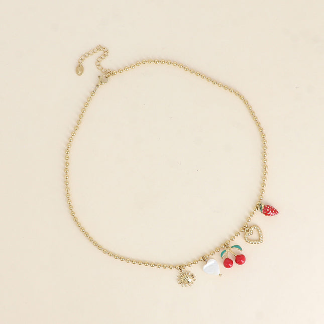 Collier - soleil, coeurs, cerise et fraise en émail