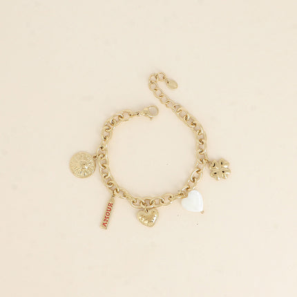 Bracelet - soleil, plaquette AMOUR en émail, coeurs, trèfle