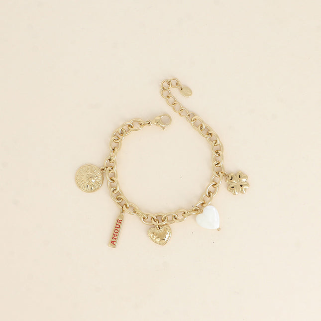 Bracelet - sun, enamel LOVE plaque, hearts, clover