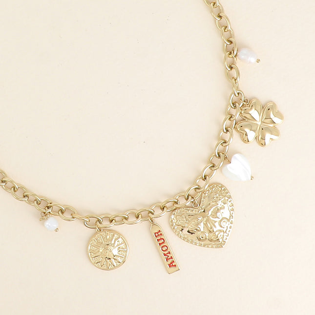 Collier - soleil, plaquette AMOUR en émail, coeurs, trèfle