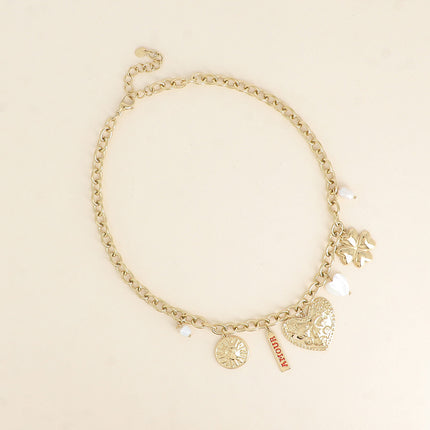 Collier - soleil, plaquette AMOUR en émail, coeurs, trèfle
