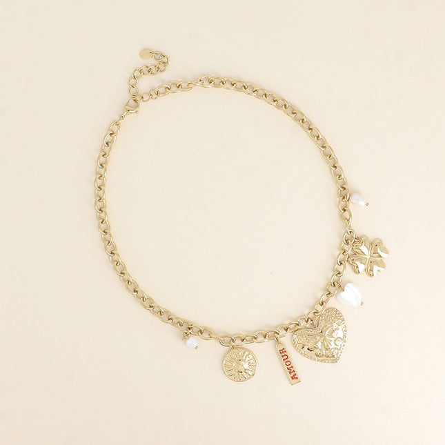 Collier - soleil, plaquette AMOUR en émail, coeurs, trèfle