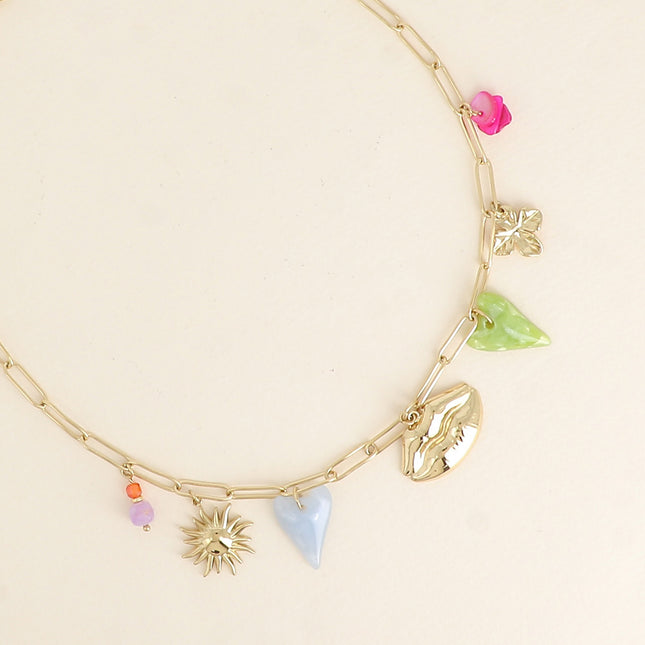 Necklace - clover, acetate hearts, mouth, sun