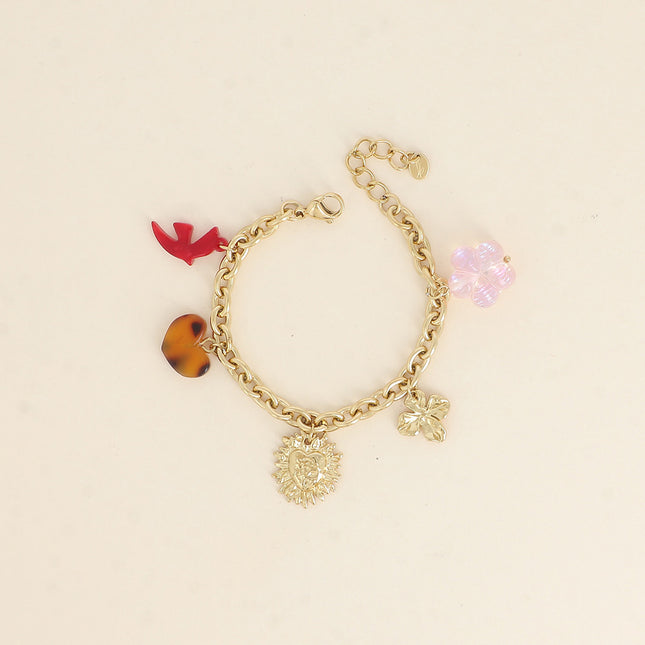 Kalyra Bracelet - resin bird and heart, hammered heart, clover, flower bead