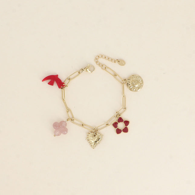 Bracelet - resin bird and clover, heart, enamel flower, sun