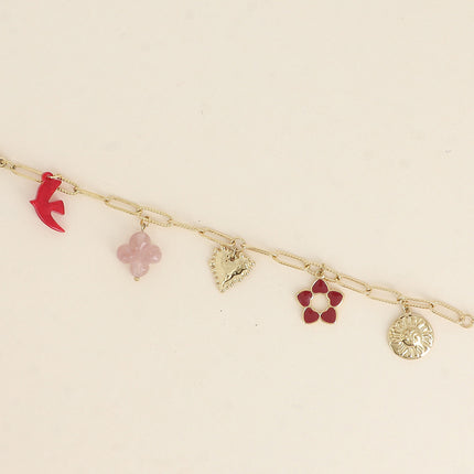 Bracelet - oiseau et trèfle en résine, coeur, fleur en émail, soleil