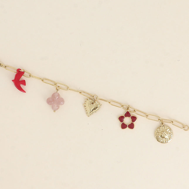 Bracelet - resin bird and clover, heart, enamel flower, sun