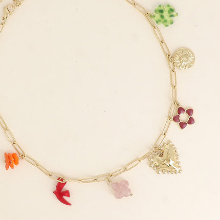 Collier - oiseau et trèfle en résine, coeur, fleur en émail, soleil