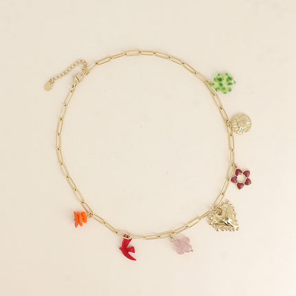 Collier - oiseau et trèfle en résine, coeur, fleur en émail, soleil