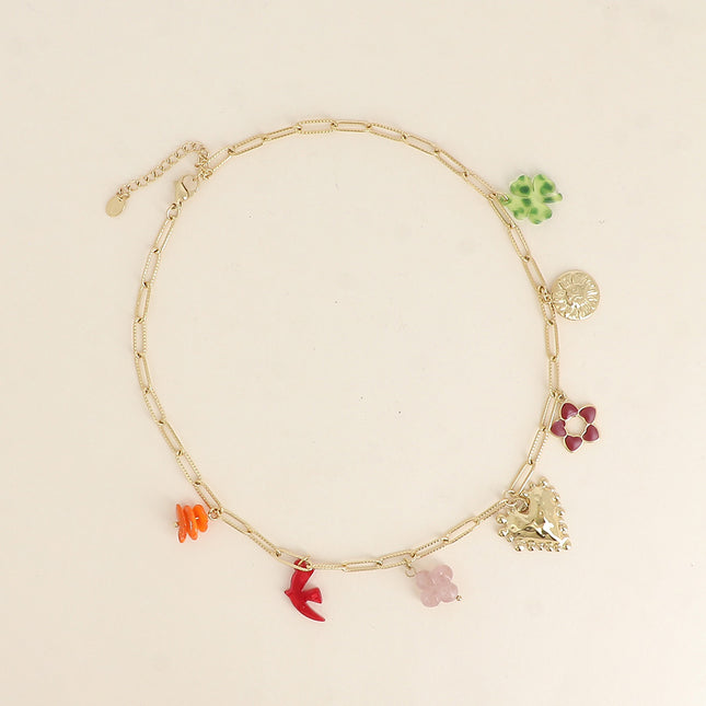 Necklace - resin bird and clover, heart, enamel flower, sun