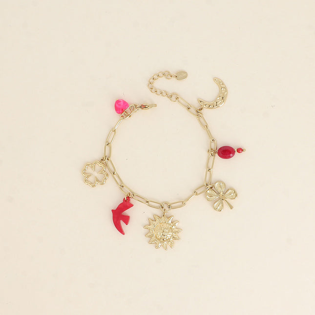 Bracelet - clovers, sun, moon, bird, beads