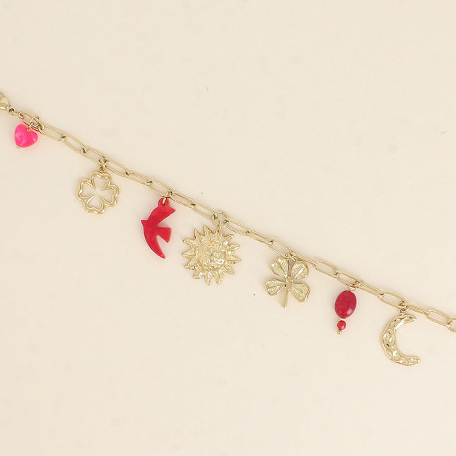 Bracelet - clovers, sun, moon, bird, beads