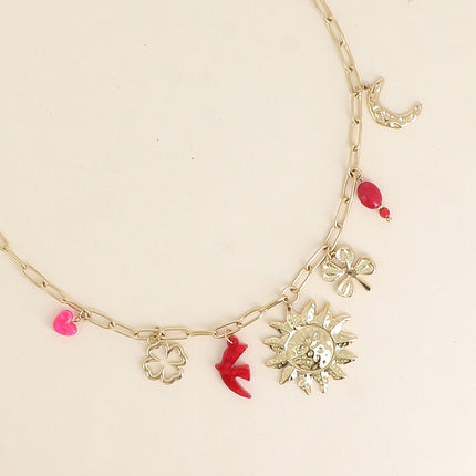 Collier - trèfles, soleil, lune, oiseau, perles