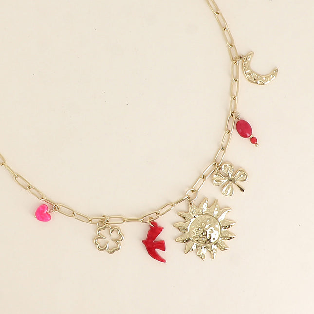 Necklace - clovers, sun, moon, bird, pearls