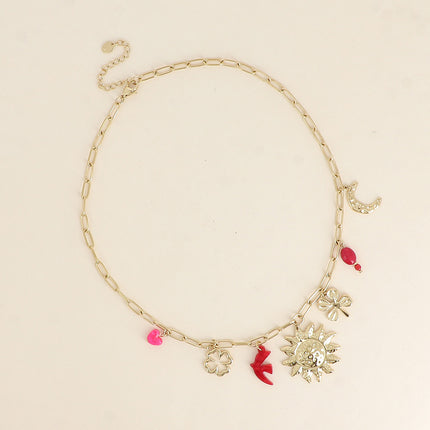 Collier - trèfles, soleil, lune, oiseau, perles