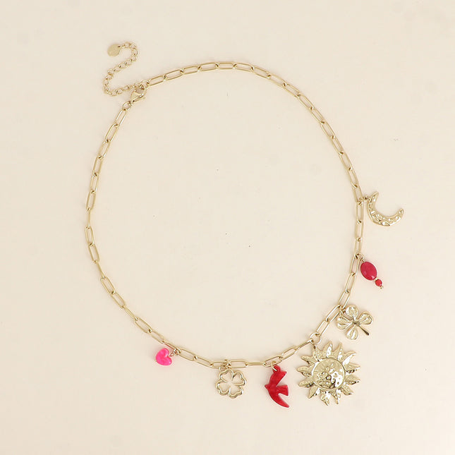 Necklace - clovers, sun, moon, bird, pearls