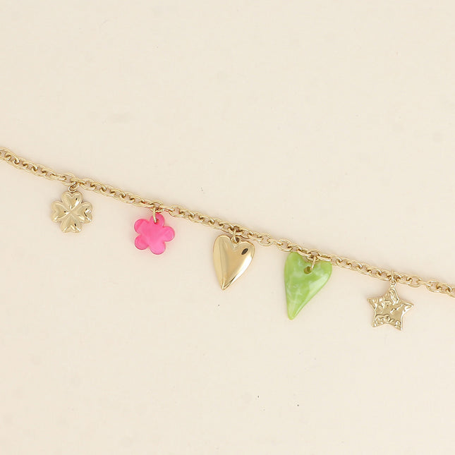 Bracelet - étoile martelée, coeurs, perle fleur et trèfle