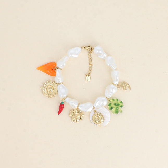 Vespera cord bracelet - white resin beads, heart, flower, chili pepper, clovers, sun, mother-of-pearl coin and bird